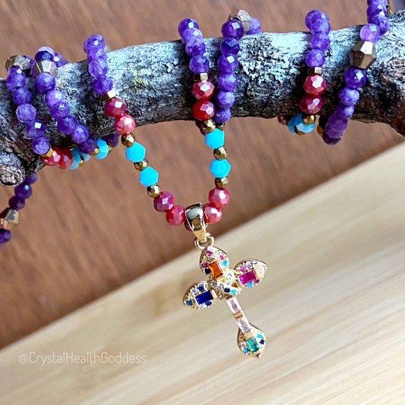Purple Chalcedony with Austrian Crystals Christian Cross Necklace - Picture 10 of 11